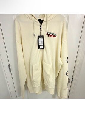 Hoodrich Men's XXL Beige Full Zip Hooded Fleece Hoodie Pockets Graphic Logo